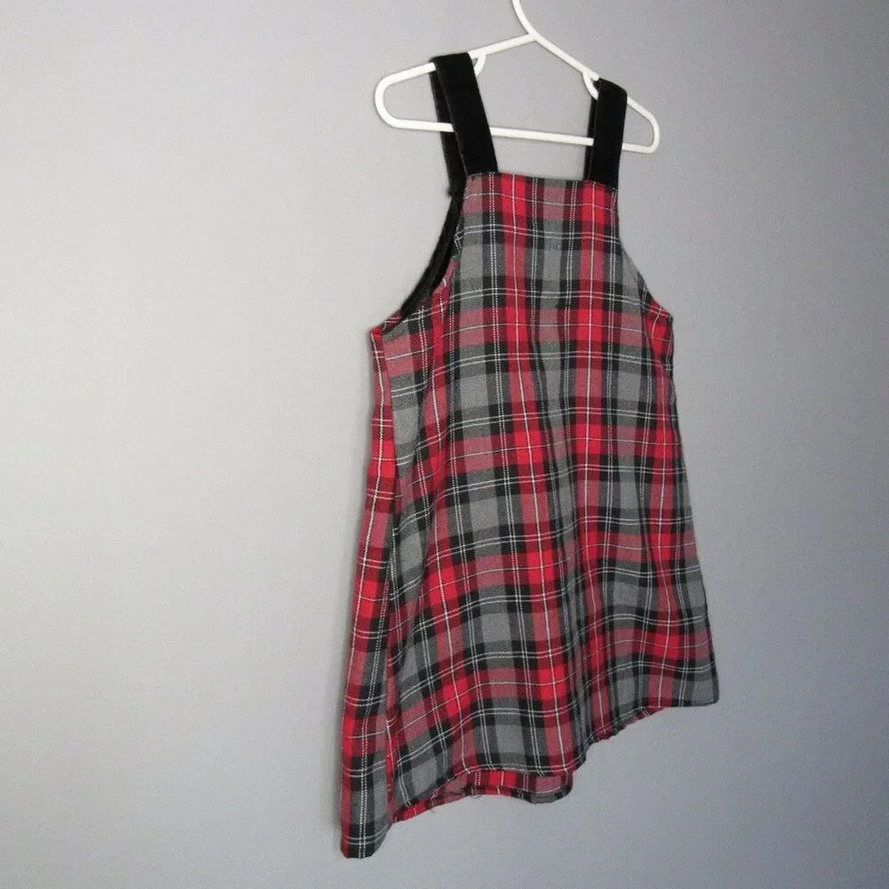 Girls Size 5 Plaid Red Black Jumper Dress Apple Buttons VTG Retro Schoolwear